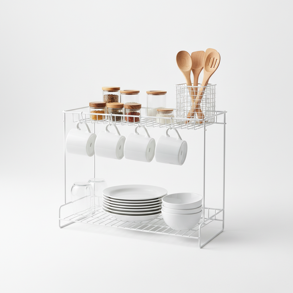 Kitchen cabinet shelf riser with two tiers holding plates and mugs