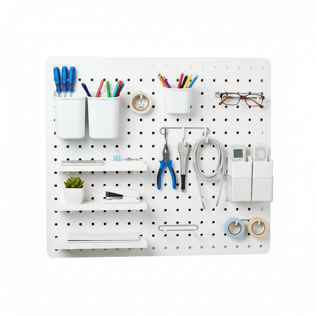 White wall-mounted pegboard organizer with hooks, shelves and bins